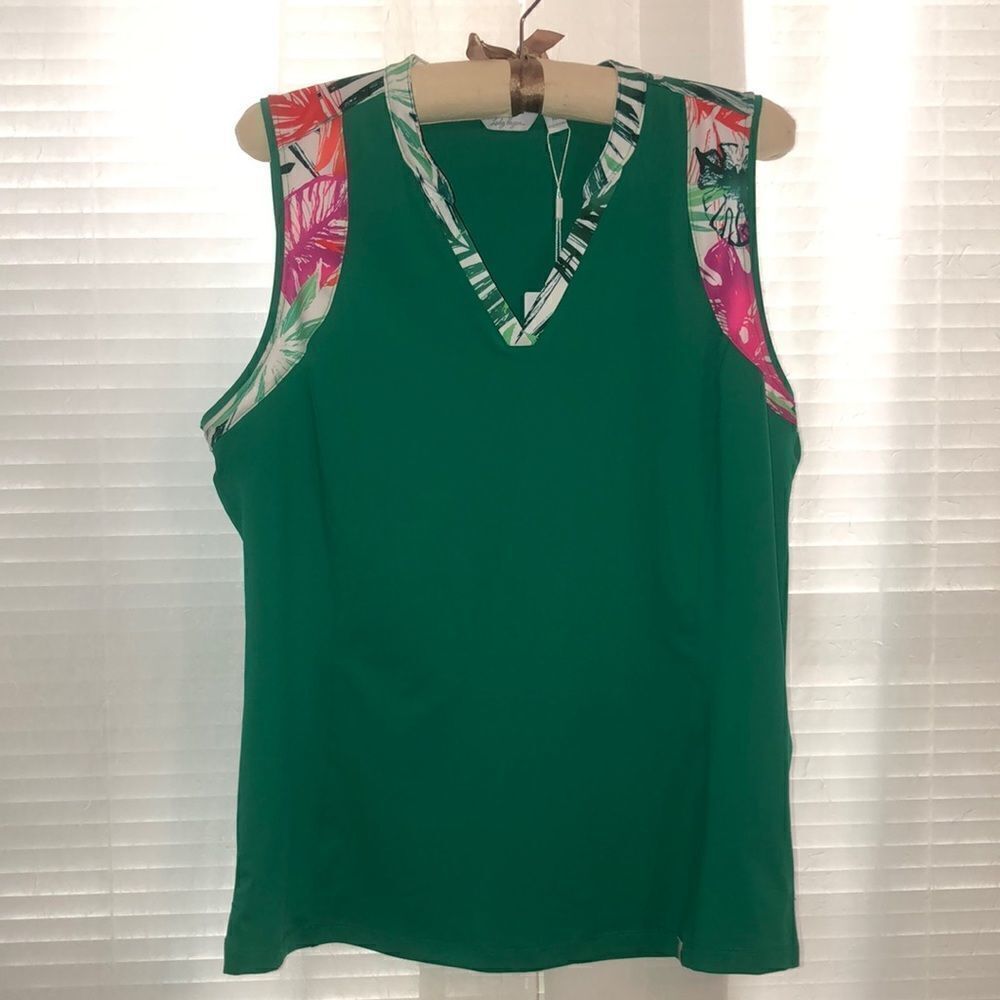 Lady Hagen M Tropical Lush Greene Sleeveless V-Neck Golf Polo